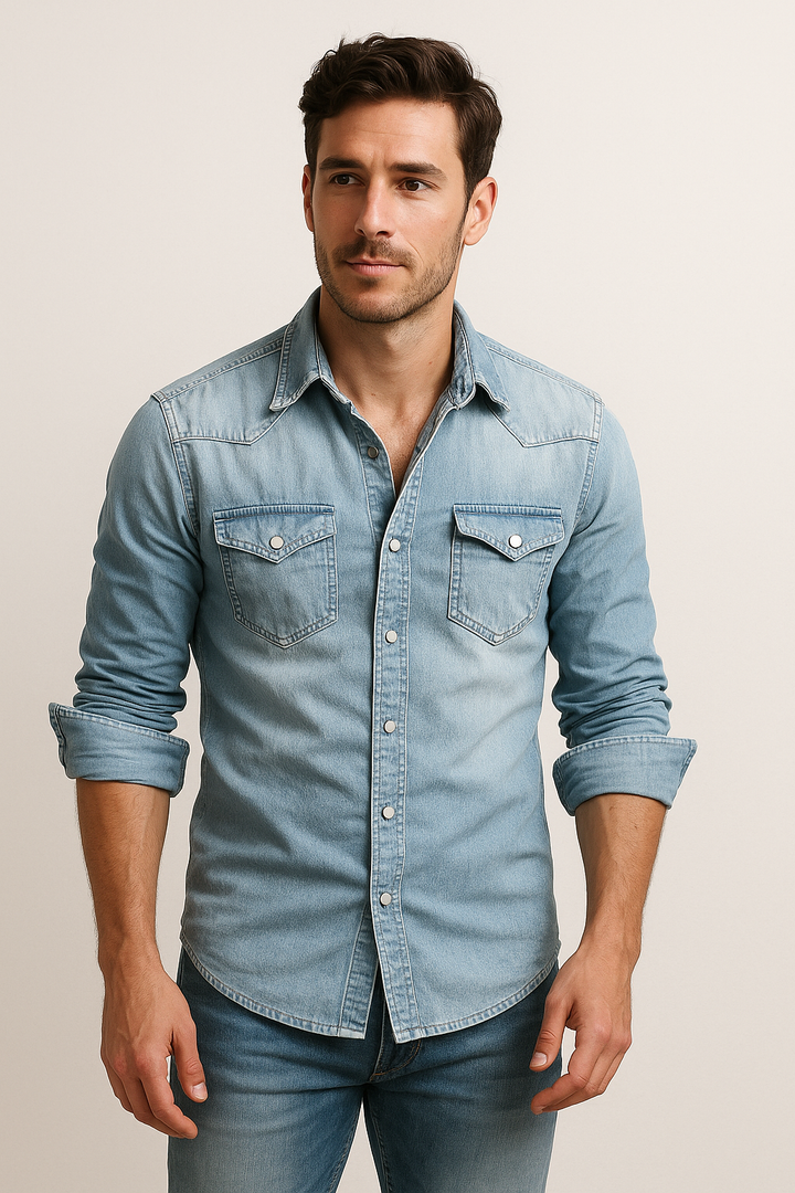 Modernes Herren Slim Fit Jeanshemd in Hellblau mit Langarm und Druckknöpfen, ideal für Freizeit und Alltag.