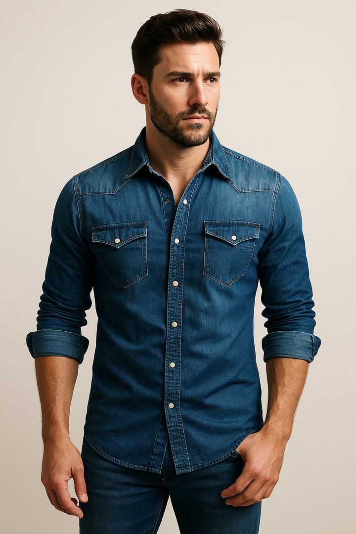 Stylisches Herren Denim Hemd, Slim Fit, in Dunkelblau, mit Langarm. Perfekt für vielseitige Looks das ganze Jahr.