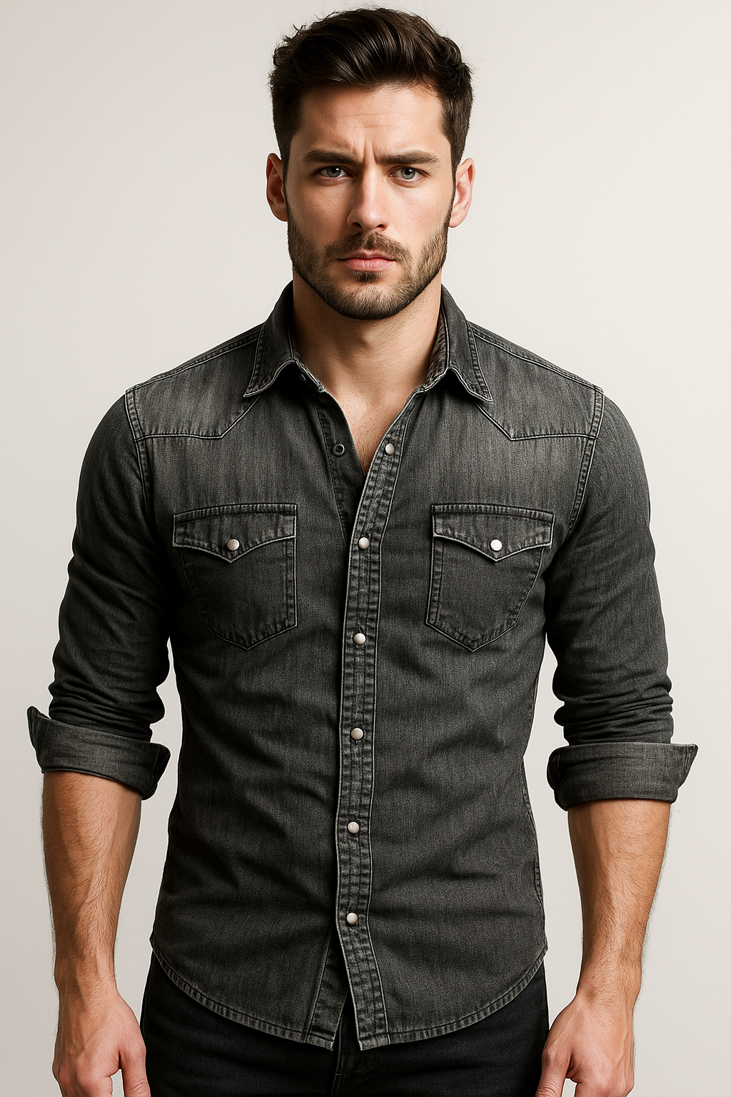 Schwarzes Herren Slim Fit Jeanshemd mit Druckknöpfen und Langarm. Modernes Denim Hemd für stilvolle Freizeitoutfits.