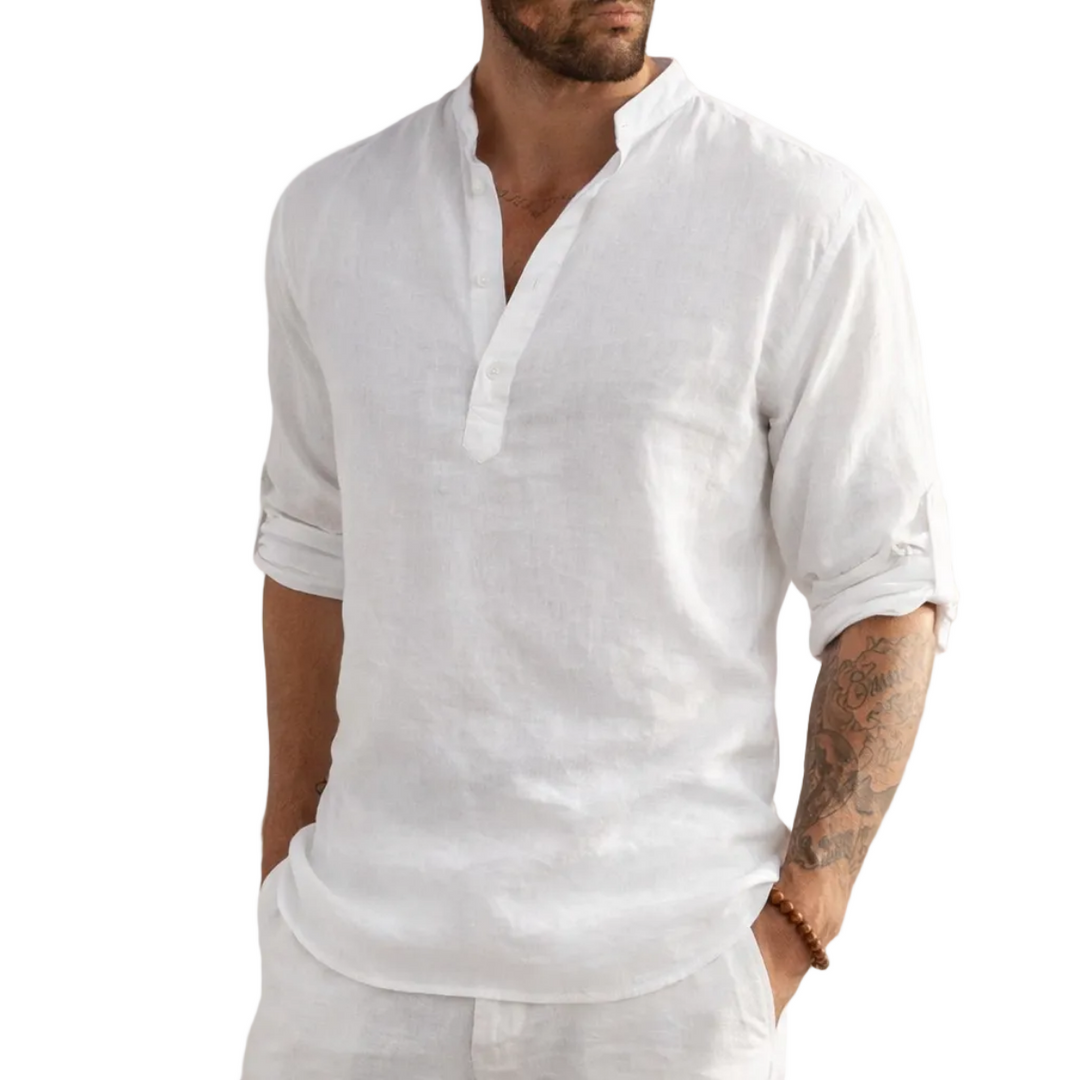 Modernes Herren Stehkragenhemd für den Sommer, atmungsaktiv und elegant. Perfekt für Freizeit & Business Casual.