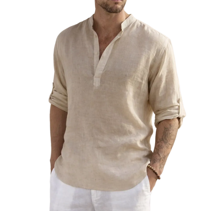 Leichtes, atmungsaktives Herren Sommerhemd mit Stehkragen, ideal für heiße Tage. Modern & bequem.