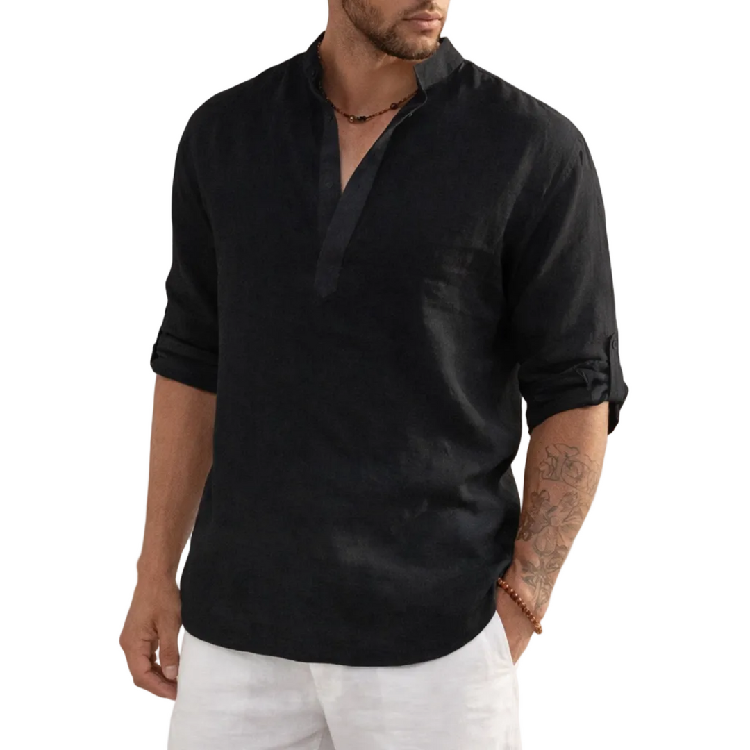 Herren Sommerhemd mit stilvollem Stehkragen und halber Knopfleiste. Modernes, atmungsaktives Freizeithemd.