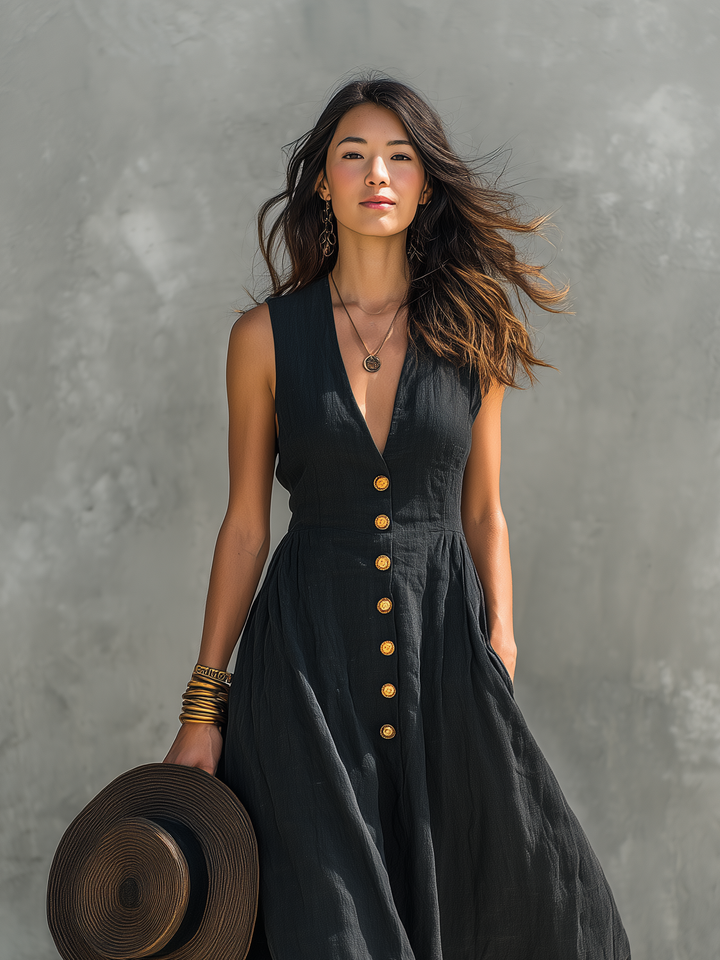 Vielseitiges schwarzes Damen Maxikleid mit V-Ausschnitt. Komfortables Freizeitkleid & elegantes Abendkleid.