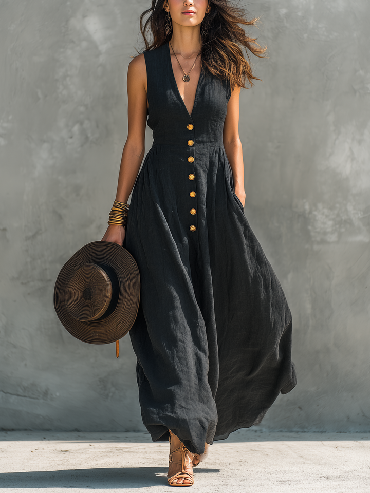 Elegantes schwarzes Damen Maxikleid mit V-Ausschnitt, ärmellos, fließend. Ideal für Sommer & Abend.
