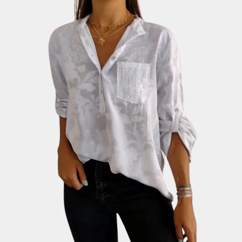 Komfortable Sommerbluse für Damen mit V-Ausschnitt und floralem Muster, modisch, perfekt für warme Tage.