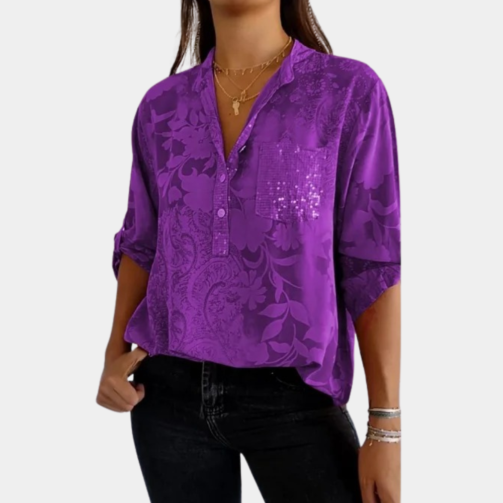 Damen Printbluse floral mit V-Ausschnitt, halbarm, locker geschnitten, bequeme Freizeit- & Alltagsmode.