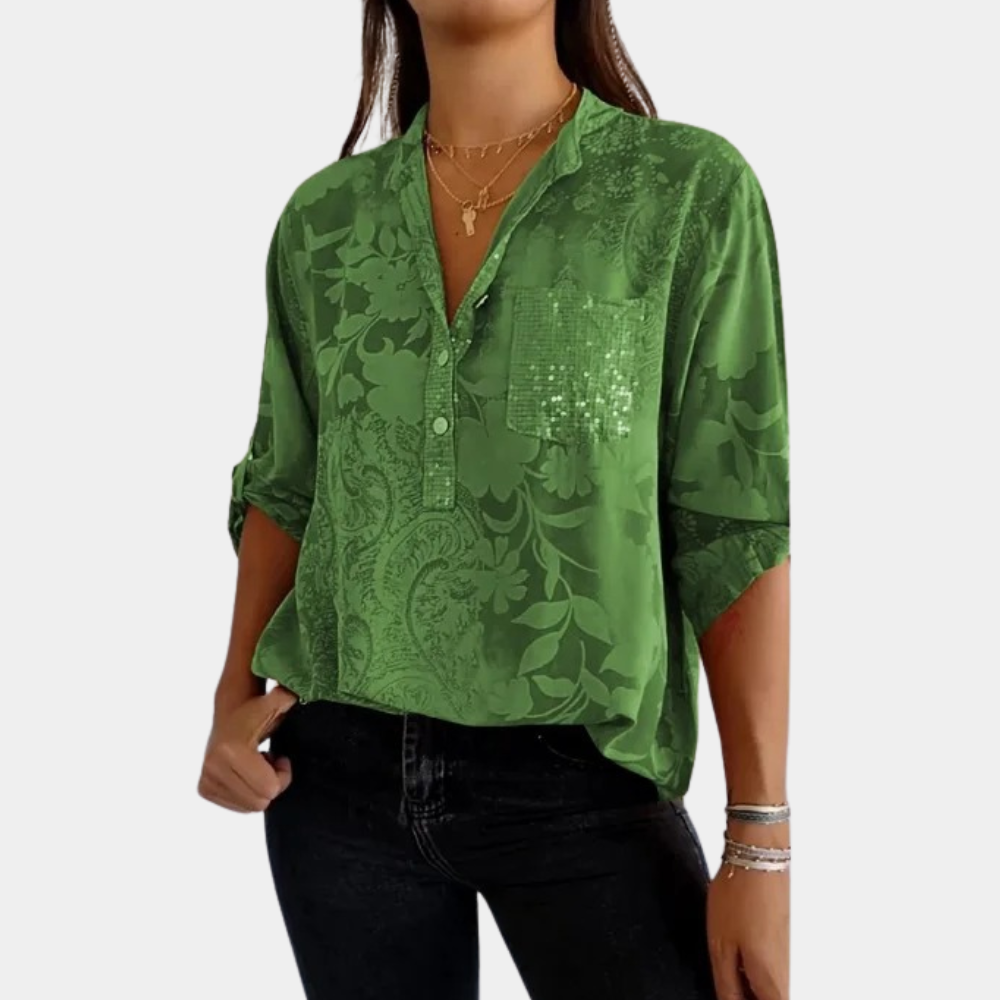 Elegante Damen V-Ausschnitt Bluse mit lebhaftem floralem Print, komfortabler Schnitt, ideal für den Sommer.
