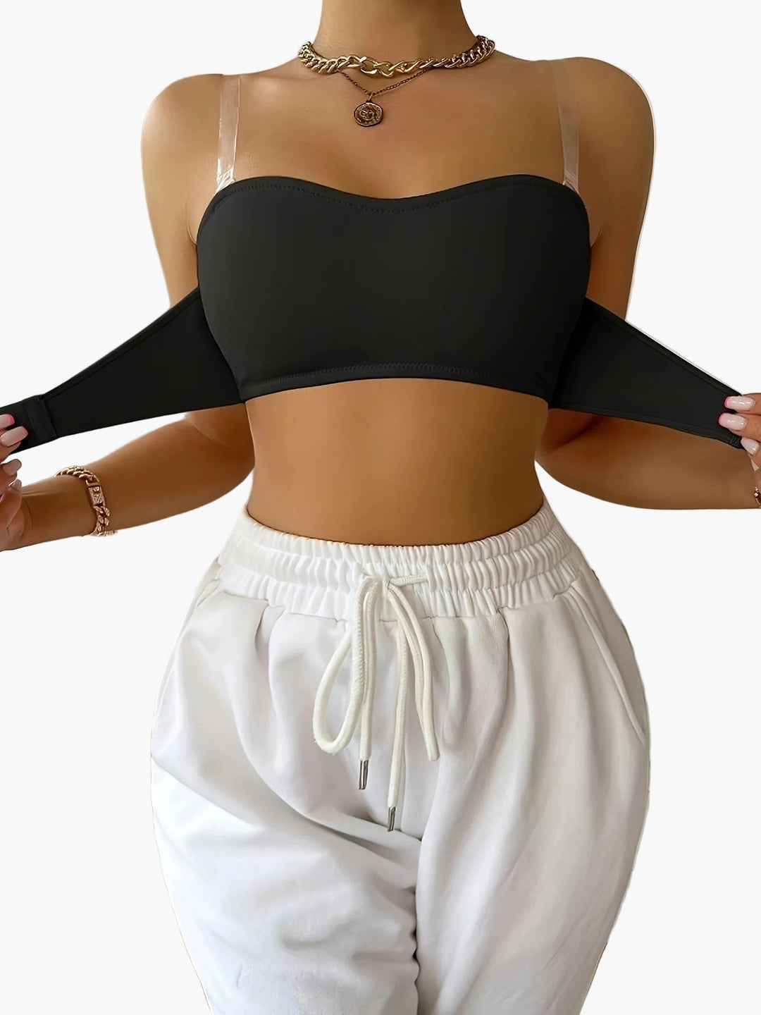 Nahtloser Damen Bandeau BH in Weiß mit transparenten Trägern für optimalen Komfort und vielseitigen Stil.