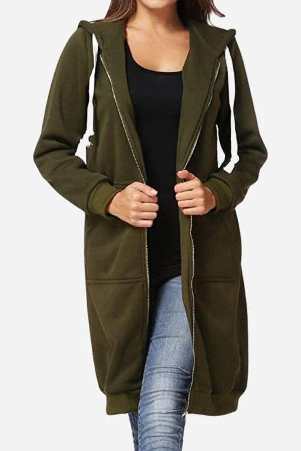 Modischer Damen Kapuzensweatshirt in Langform mit Reißverschluss und Kapuze, ideal für Freizeit.