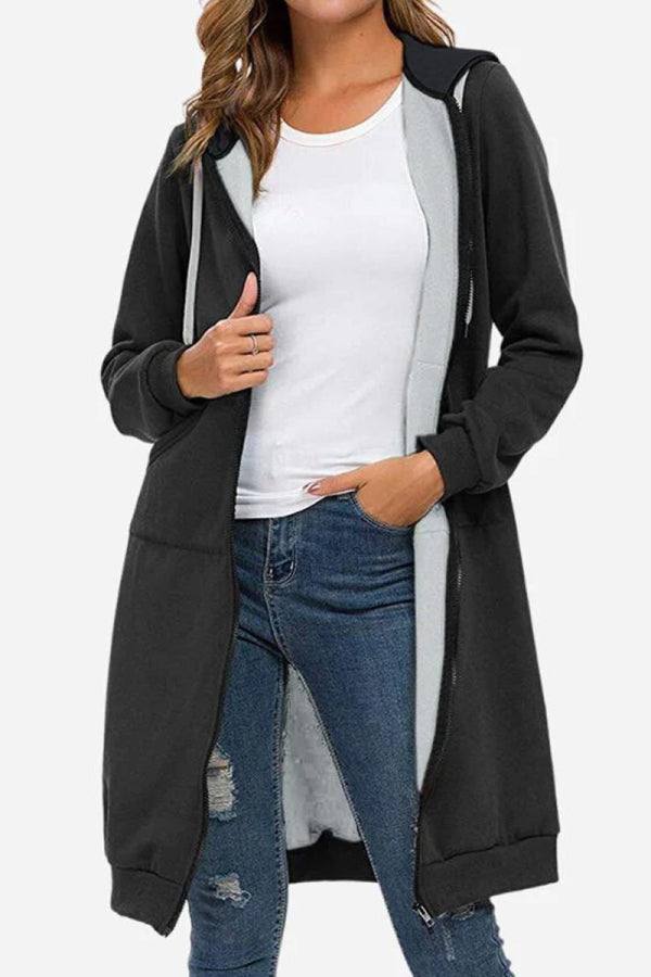 Damen Winter Hoodie Langarm mit Reißverschluss und Kordelzug, warm und gemütlich für den Alltag.