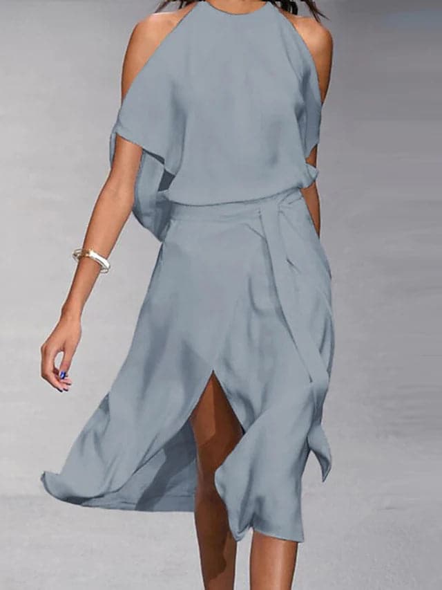 Elegantes Damen Cold-Shoulder Midikleid mit Bindegürtel. Fließendes Sommerkleid für festliche Anlässe oder casual chic.