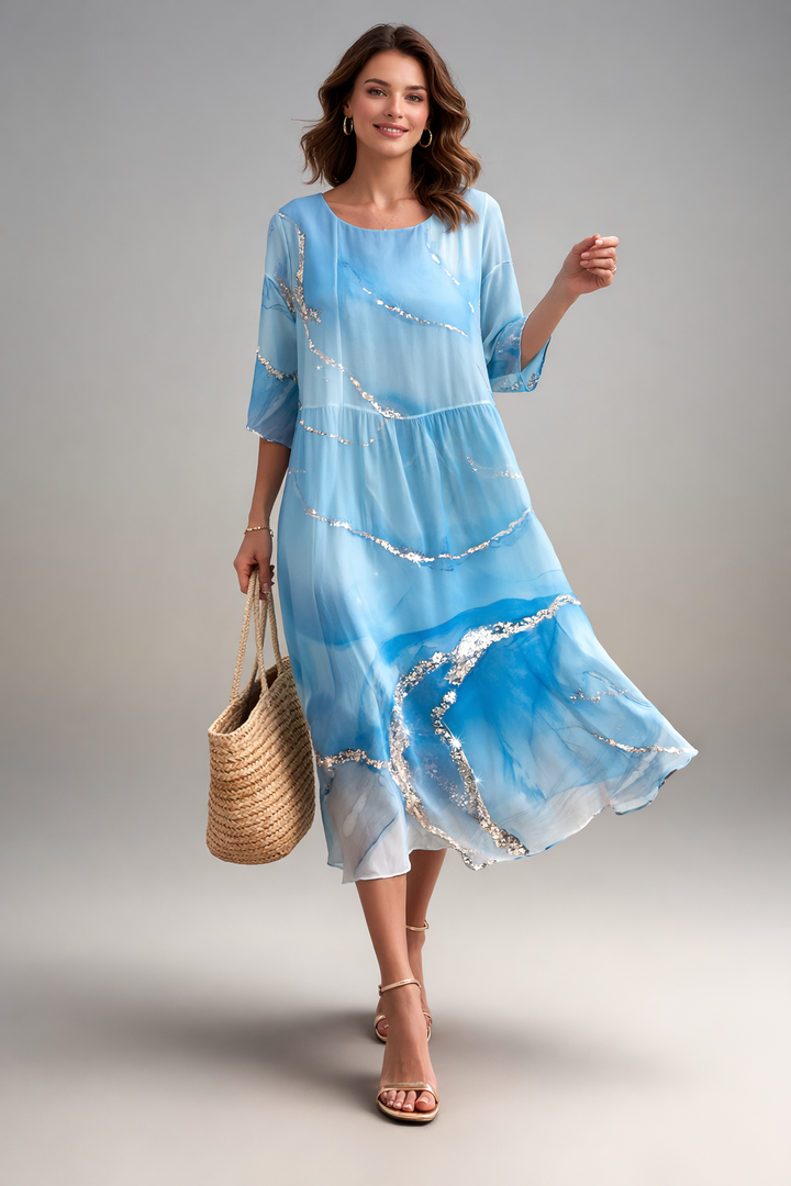 Bezauberndes Damen Sommerkleid, Midilänge, mit lebendigem Blumenmuster. Perfekt als vielseitiges Party- oder Freizeitkleid.