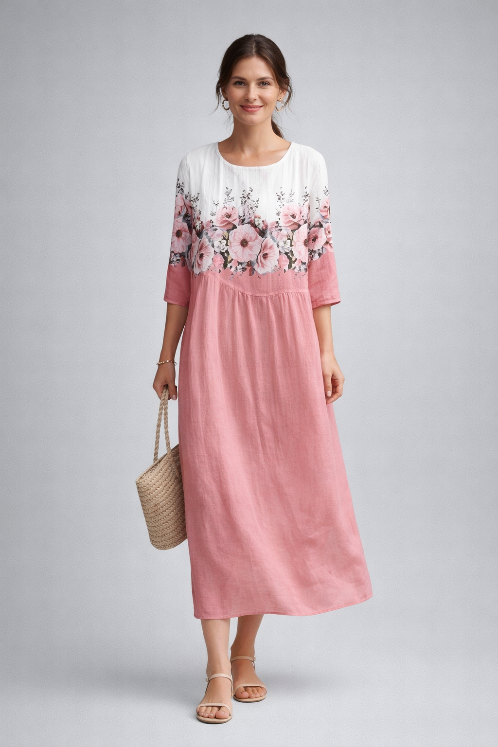 Vielseitiges Damenkleid in Midilänge mit Blumenprint. Ein leichtes, bequemes Sommerkleid für Party, Büro oder Urlaub.