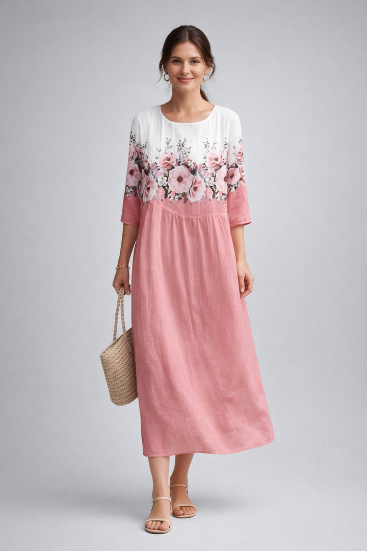 Vielseitiges Damenkleid in Midilänge mit Blumenprint. Ein leichtes, bequemes Sommerkleid für Party, Büro oder Urlaub.