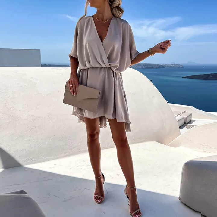 Damen Wickel Midikleid mit kurzen Ärmeln, figurbetonter Schnitt, vielseitig für Alltag und Feier.