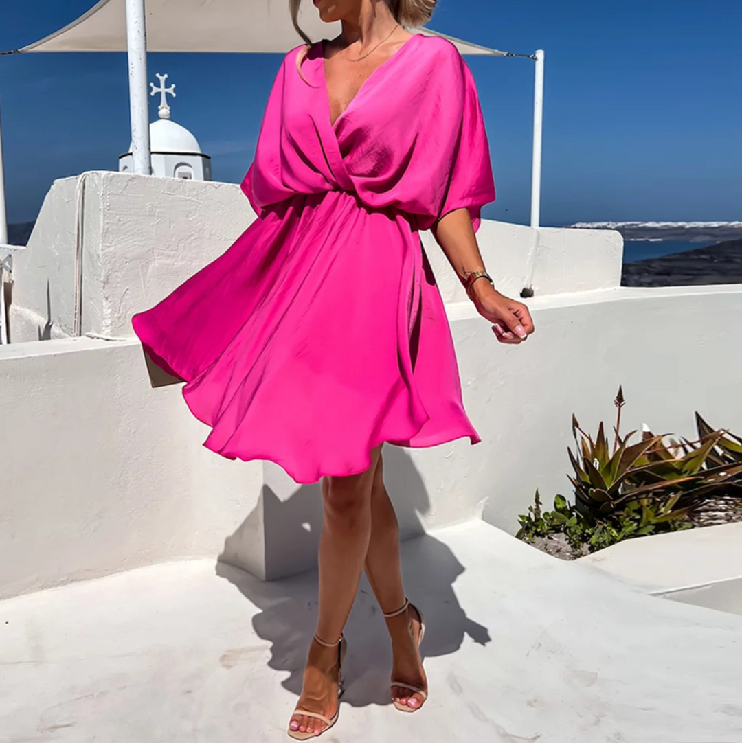 Festliches Damen Kurzarm Wickelkleid, figurbetontes Midikleid, elegant für besondere Anlässe.
