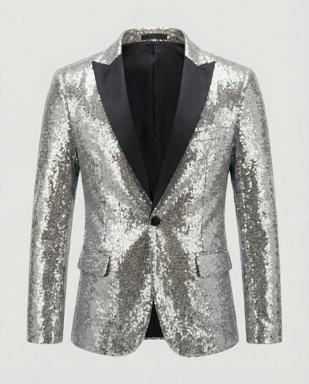 Moderner silberner Herren Pailletten Blazer. Festlicher Glitzer Blazer, ideal als Abend Sakko für unvergessliche Nächte.