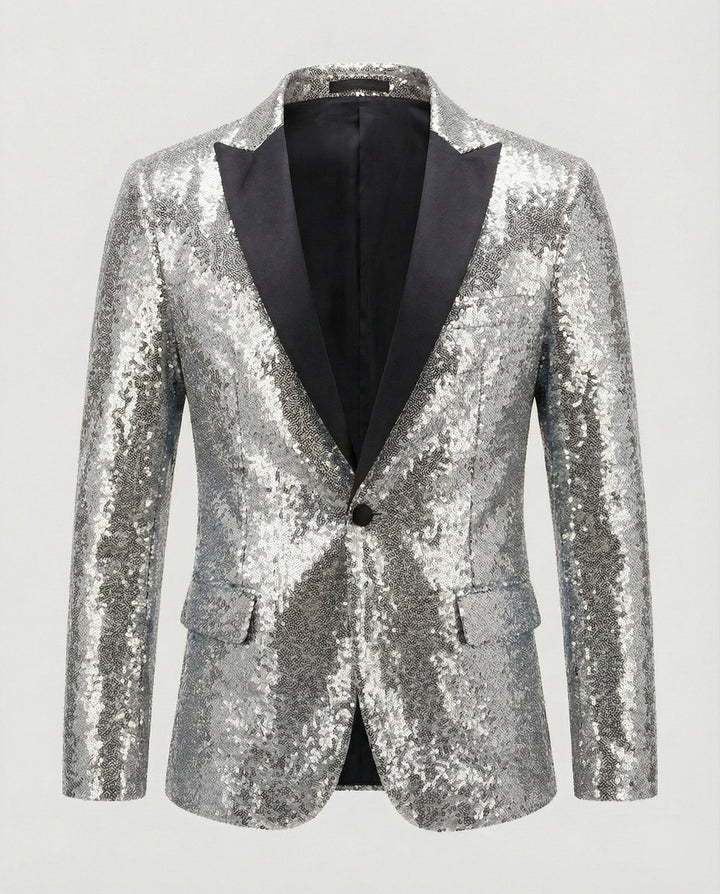 Moderner silberner Herren Pailletten Blazer. Festlicher Glitzer Blazer, ideal als Abend Sakko für unvergessliche Nächte.