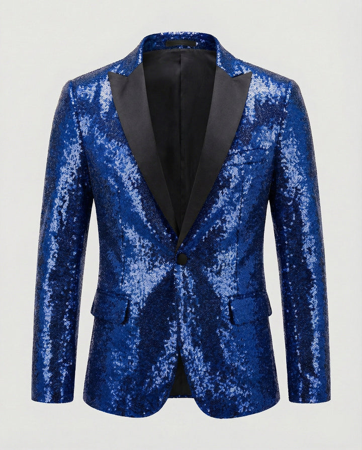 Trendiger blauer Herren Pailletten Blazer. Ein glänzendes Sakko für Hochzeiten, Partys & besondere Auftritte.