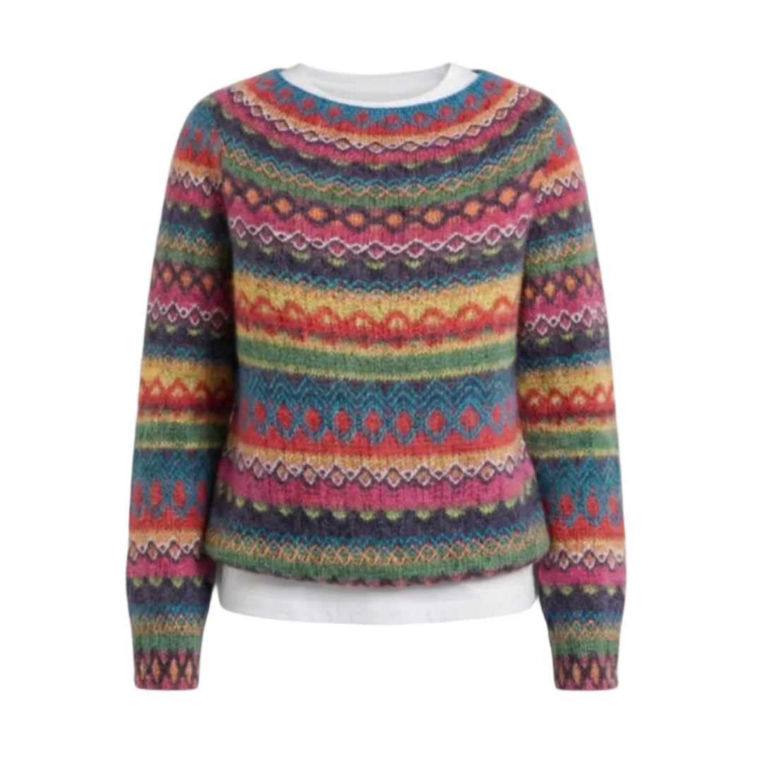 Gelb-blau-weiß gestreifter Damen Strickpullover mit lockerer Passform für bequemen Alltagslook.