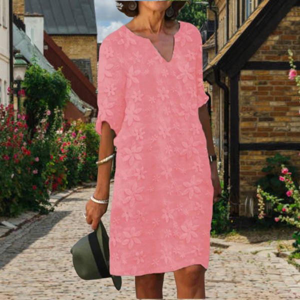 Elegantes Damen Midikleid für Hochzeitsgäste, V-Ausschnitt & Blumenmuster. Festliches Sommerkleid.