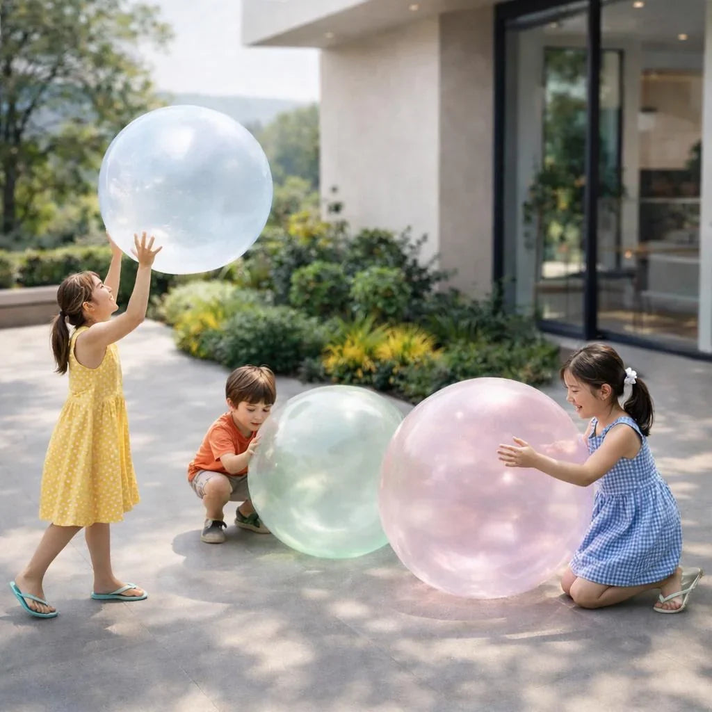 Leuchtender, aufblasbarer Riesenspielball in Hellblau, Grün & Rosa. Tolles Outdoor-Gartenspielzeug für Kinder.