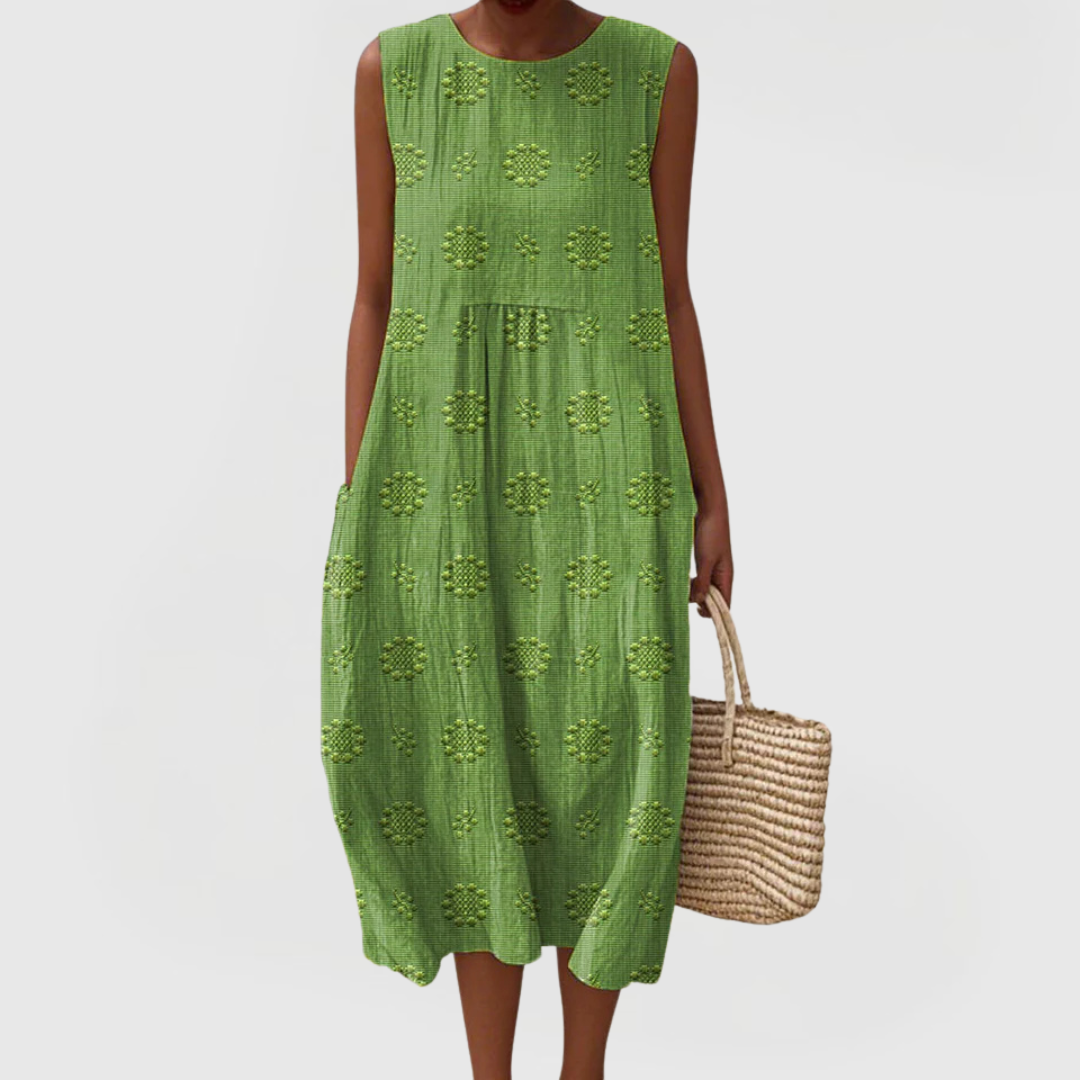 Ärmelloses Damen Sommerkleid mit lockerer Passform, bequemen Taschen und stilvoller Stickerei für Freizeit.