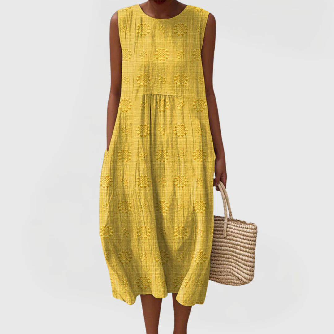 Elegantes, aber bequemes ärmelloses Damen Sommerkleid mit lockerer Passform und praktischen Taschen.