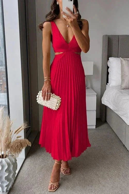 Damen ärmelloses Midi-Kleid mit V-Ausschnitt & Cut-outs, elegant & luftig für Sommer.