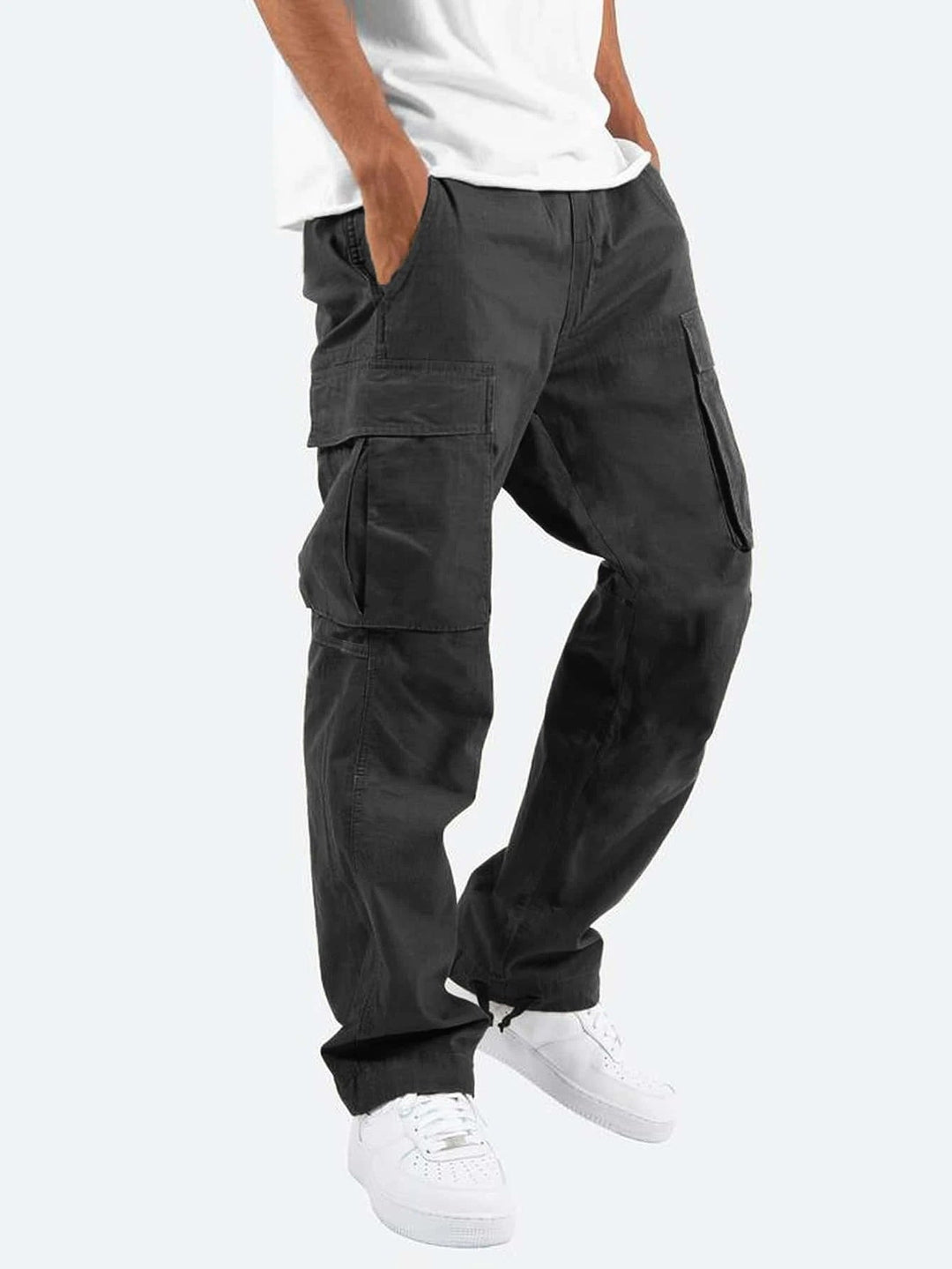 Robuste Herren Stretch-Cargohose mit Multitaschen in Schwarz, flexibel für Freizeit & Outdoor.
