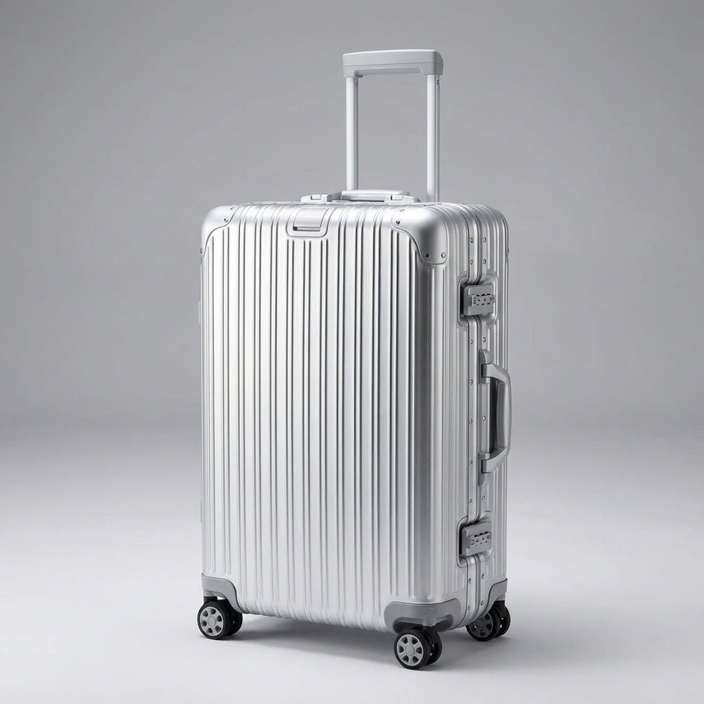 Stabiler Hartschalen-Trolley aus Aluminium für Handgepäck. Leichtgängige Rollen und integriertes TSA-Schloss.