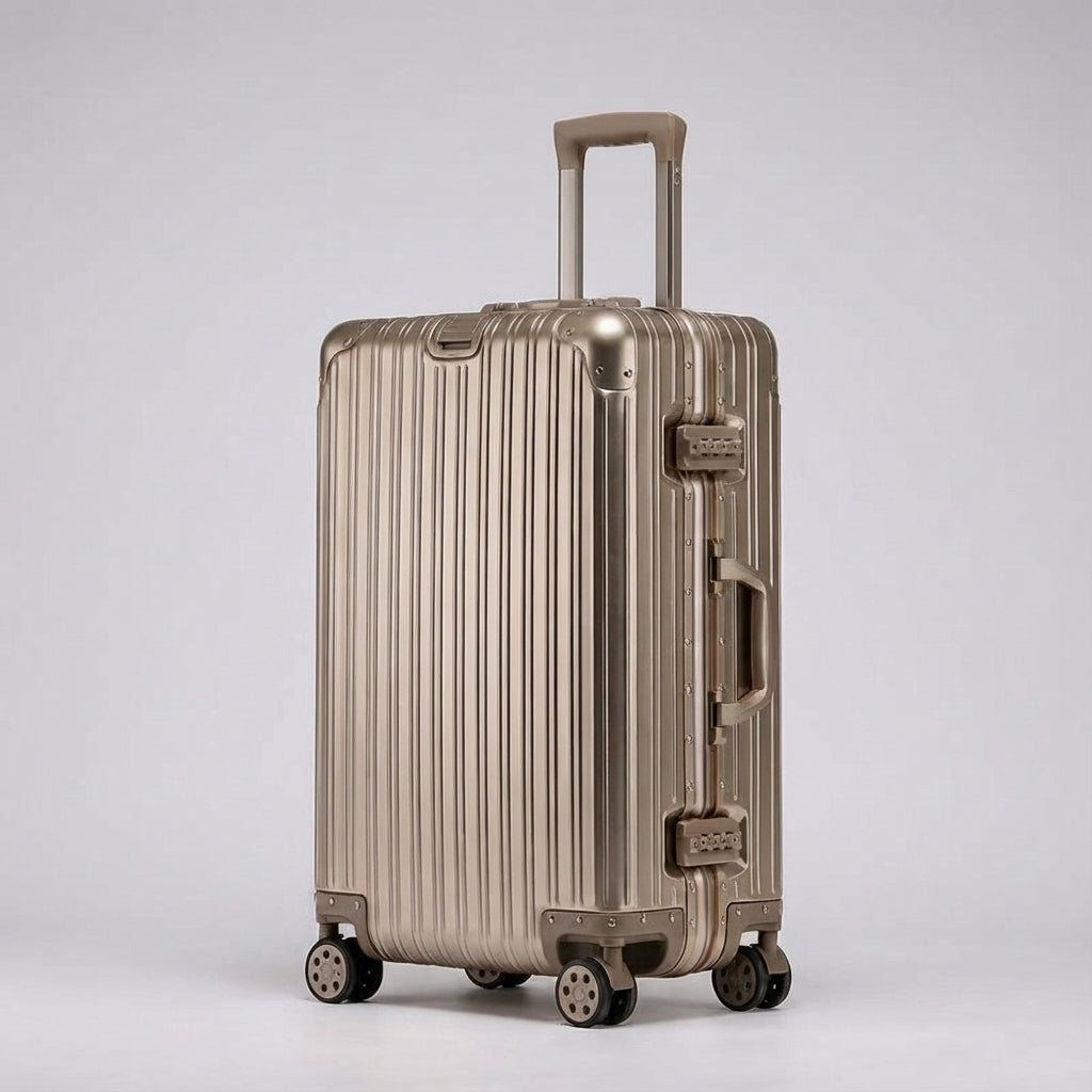 Eleganter Hartschalen-Reisekoffer aus Aluminium-Magnesium mit stabilen Rollen und TSA-Sicherheit.