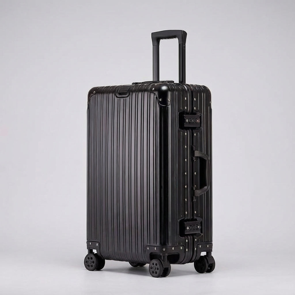 Leichtgängiger Rollkoffer aus robuster Aluminium-Magnesium-Hartschale, sicheres Handgepäck mit TSA-Schloss.