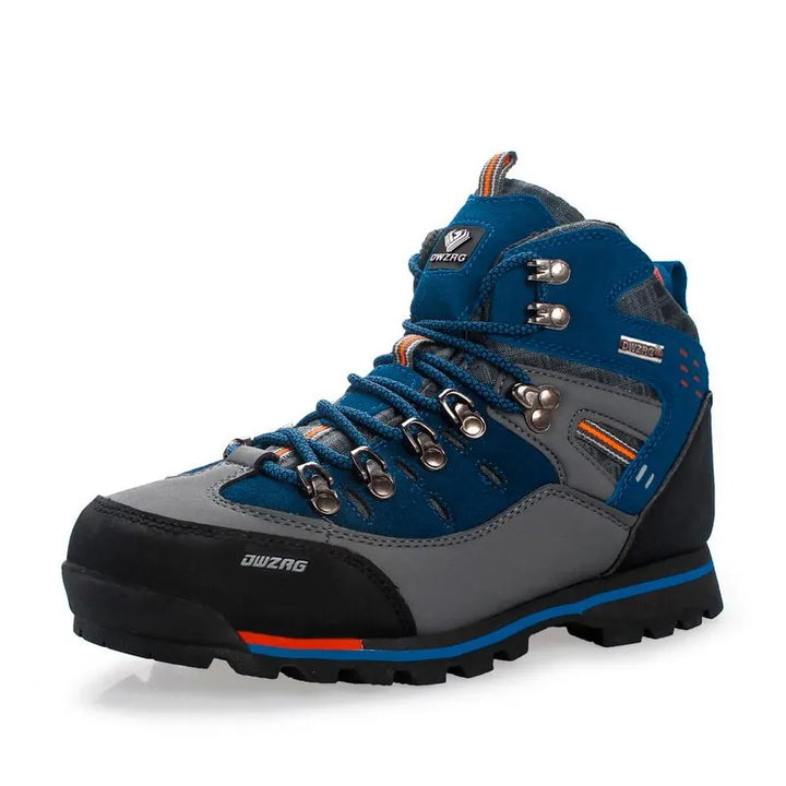 Detailaufnahme: Orange-blauer Herren Trekkingschuh, langlebig, mit optimaler Dämpfung.