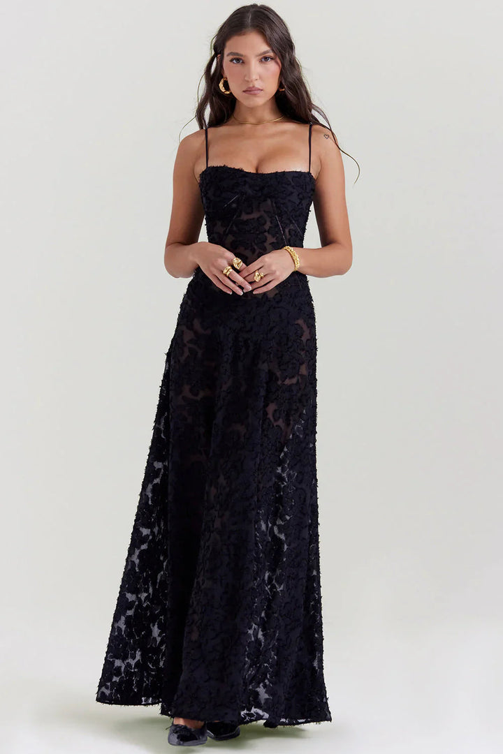 Feminines Damen-Maxikleid mit floralem Blumenmuster, Vintage-Spitze und stilvollem Korsett-Design.