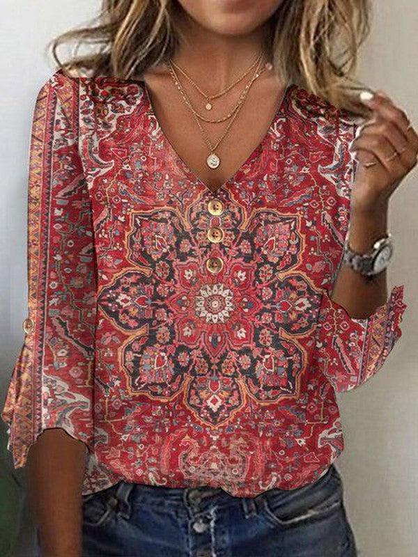 Gemusterte Damenbluse im Boho-Stil mit V-Ausschnitt und langen Ärmeln. Lockeres Sommer Top für Frauen.