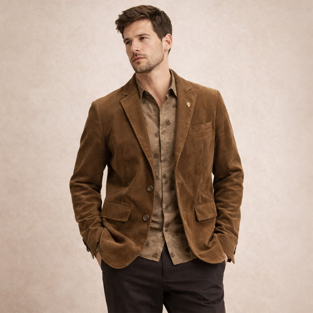 Nahaufnahme der hochwertigen Ellbogenpatches am Herren Vintage Blazer, ein stilvolles Detail der Herrenmode.