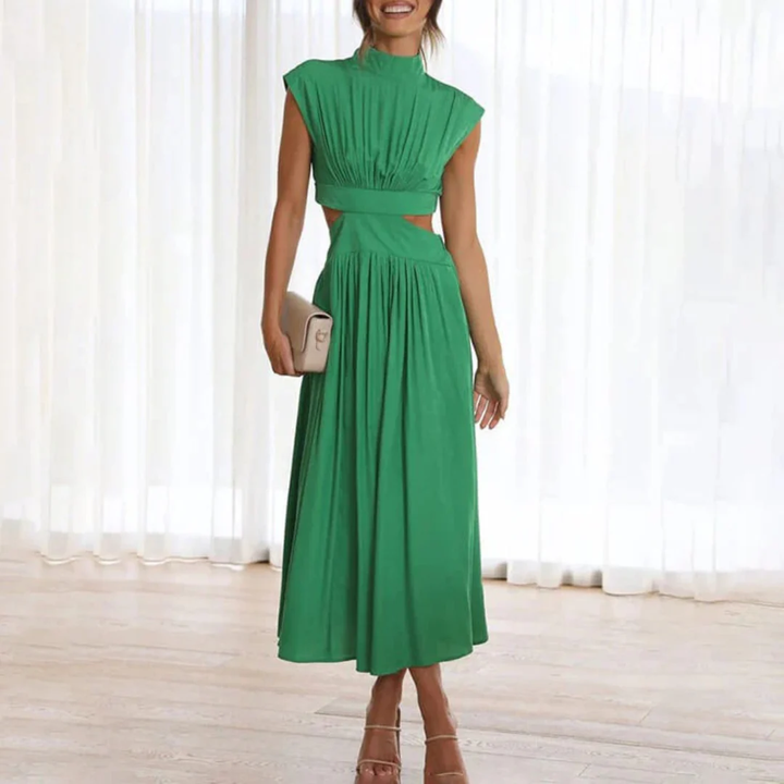 Elegantes grünes Maxikleid für Damen mit Cut-out, ideal als Hochzeitsgast oder für Sommerfeste.