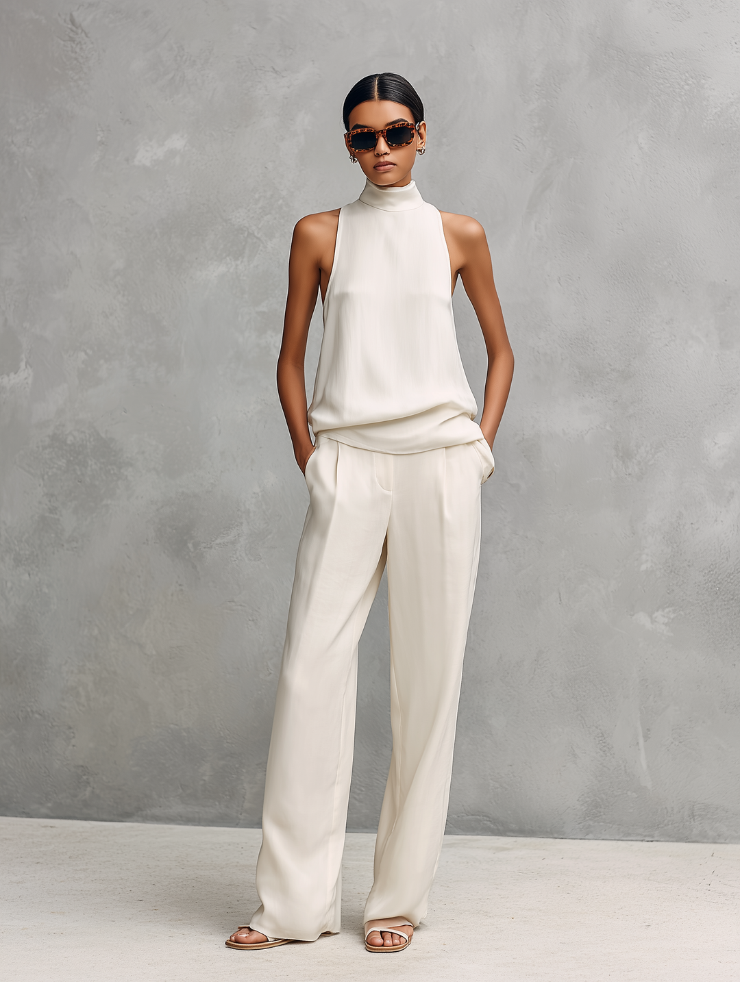 Minimalistisches Damen Sommer Set für Damen, bestehend aus luftigem Oberteil und eleganter Hose, vielseitig kombinierbar.