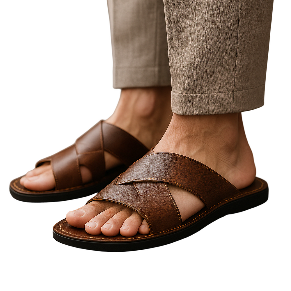 Braune Herren Sandalen für Outdoor & Freizeit. Robuste Sandalen mit ergonomischem Fußbett und Kreuzriemen.