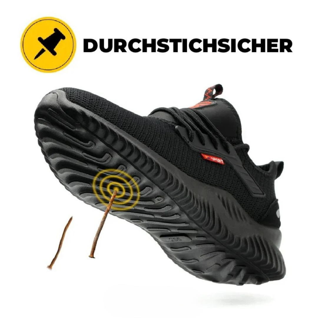 Vorderansicht der durchtrittsicheren Spitze von schwarzen Herren-Arbeitsschuhen, knöchelhoch.