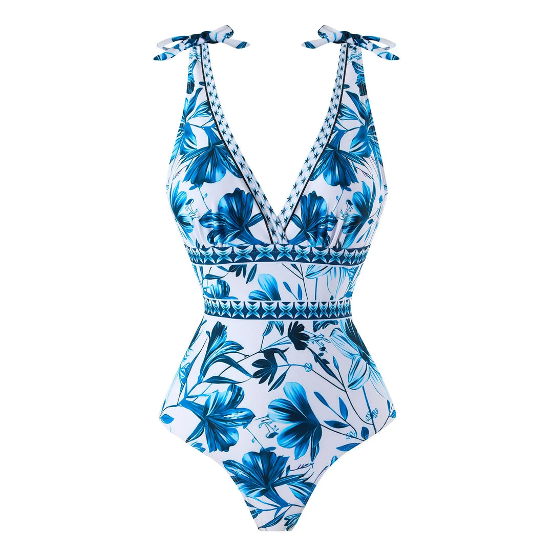 Sexy Damen Deep V Einteiler Badeanzug mit Blumenprint. Perfekt für Strand, Pool & Urlaub.