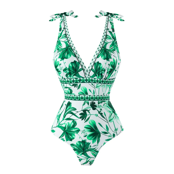 Damen Deep V Einteiler Badeanzug in stylischem Blumenmuster. Sexy Bademode für Pool & Meer.