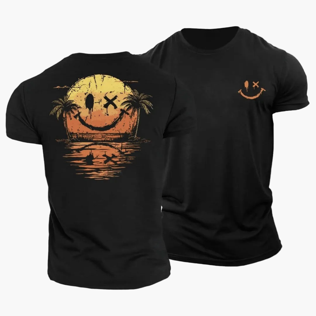 Retro Herren T-Shirt mit Palmen, Surfer & Smiley Print. Stylisches Vintage Sommershirt für Freizeit.