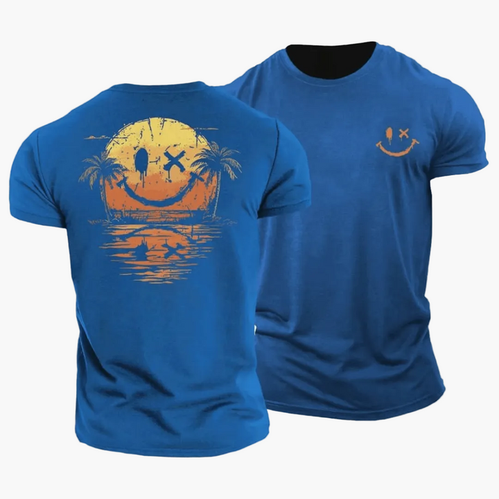 Trendiges Herren Sommer T-Shirt mit Retro Palmen, Surfer & Smiley Print. Lässige Vintage Mode.