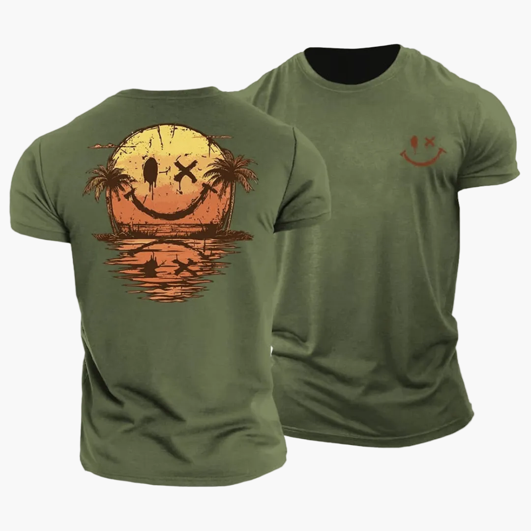 Grafik Herren T-Shirt mit Vintage Smiley & Surfer Motiv, ideal als lässiges Freizeitshirt.