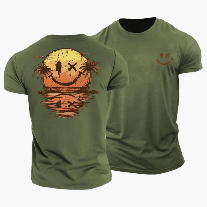 Grafik Herren T-Shirt mit Vintage Smiley & Surfer Motiv, ideal als lässiges Freizeitshirt.
