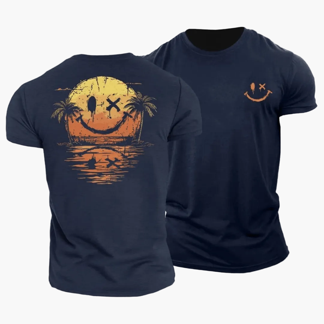 Lässiges Herren T-Shirt für Urlaub & Strand mit Retro Smiley, Surfer & Palmen Design. Kurzarm.
