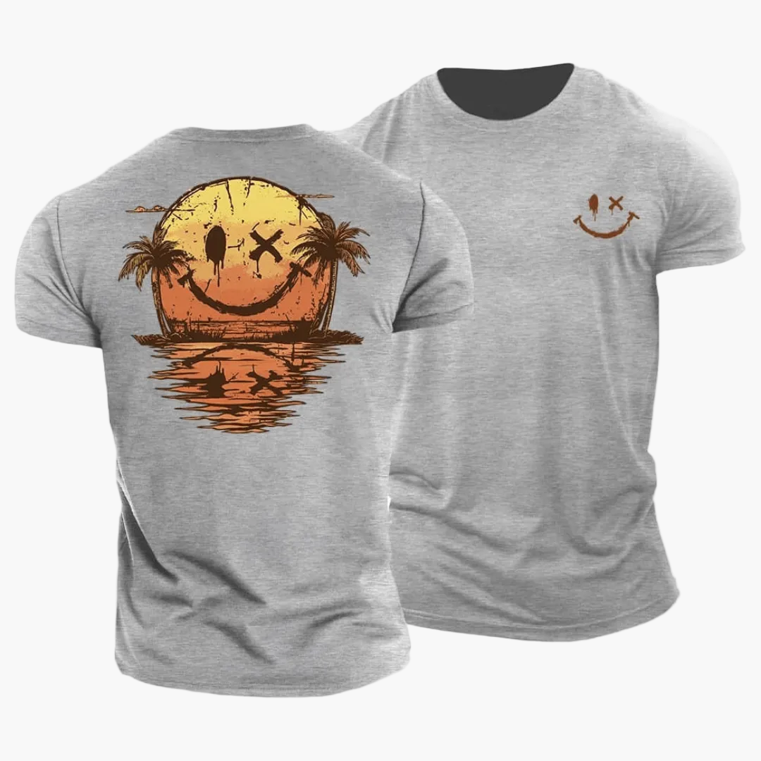 Herren Vintage Retro T-Shirt mit Smiley, Surfer & Palmen Grafik für den Sommer. Bequem & stylisch.