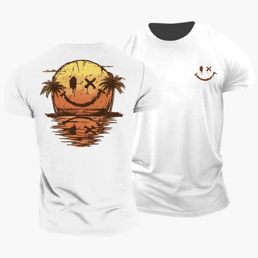 Herren Kurzarm T-Shirt im Vintage Look mit Smiley, Surfer & Palmen Design. Ideal für warme Tage.